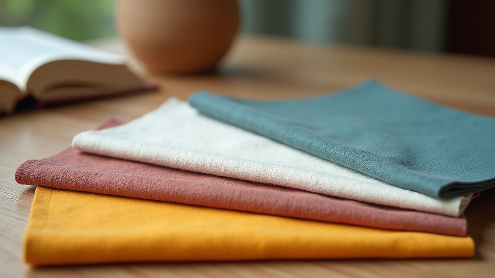 Close-up view of a color palette and fabric swatches on a wooden table