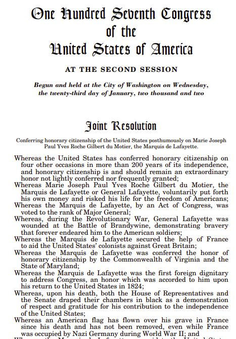Resolution Granting Lafayette Honorary US Citizenship