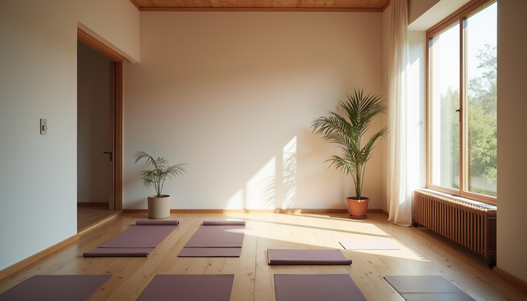 High angle view of a yoga studio with mats laid out for a class