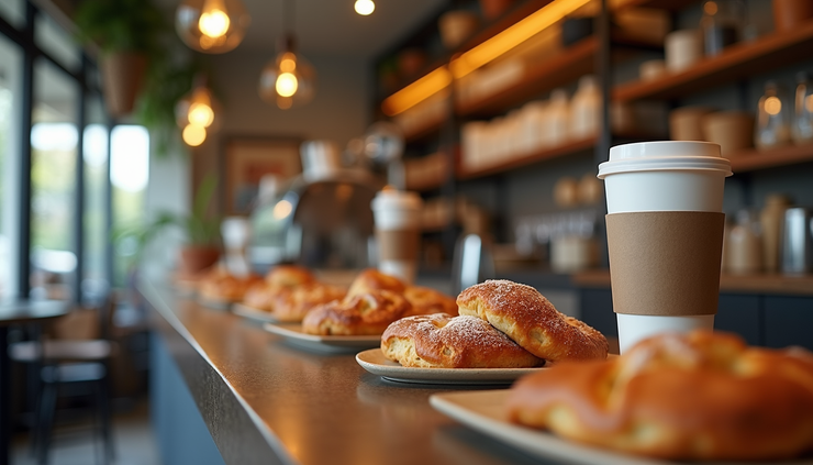 Eye-level view of a coffee shop counter with fresh pastries and coffee cups