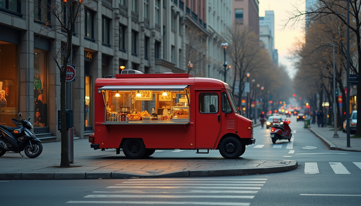 高角度視角展示一輛設置簡單的小吃餐車停靠在市區街角