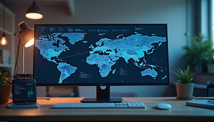 Eye-level view of a modern workspace with AI-powered data visualization on a screen