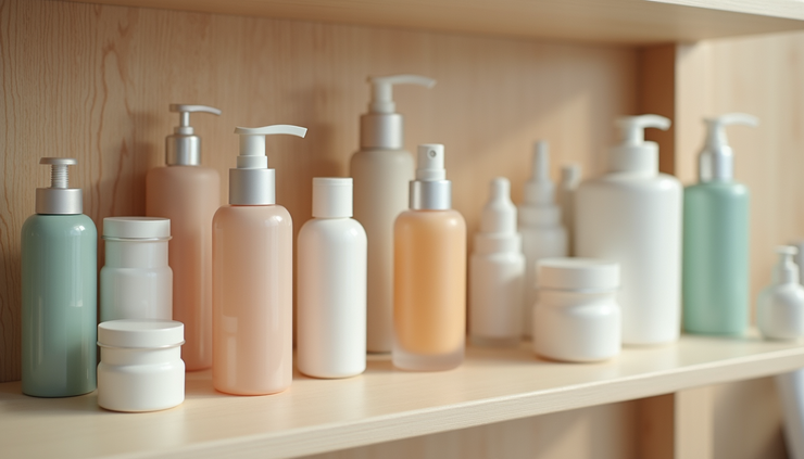 Close-up view of shelves stocked with various skincare products