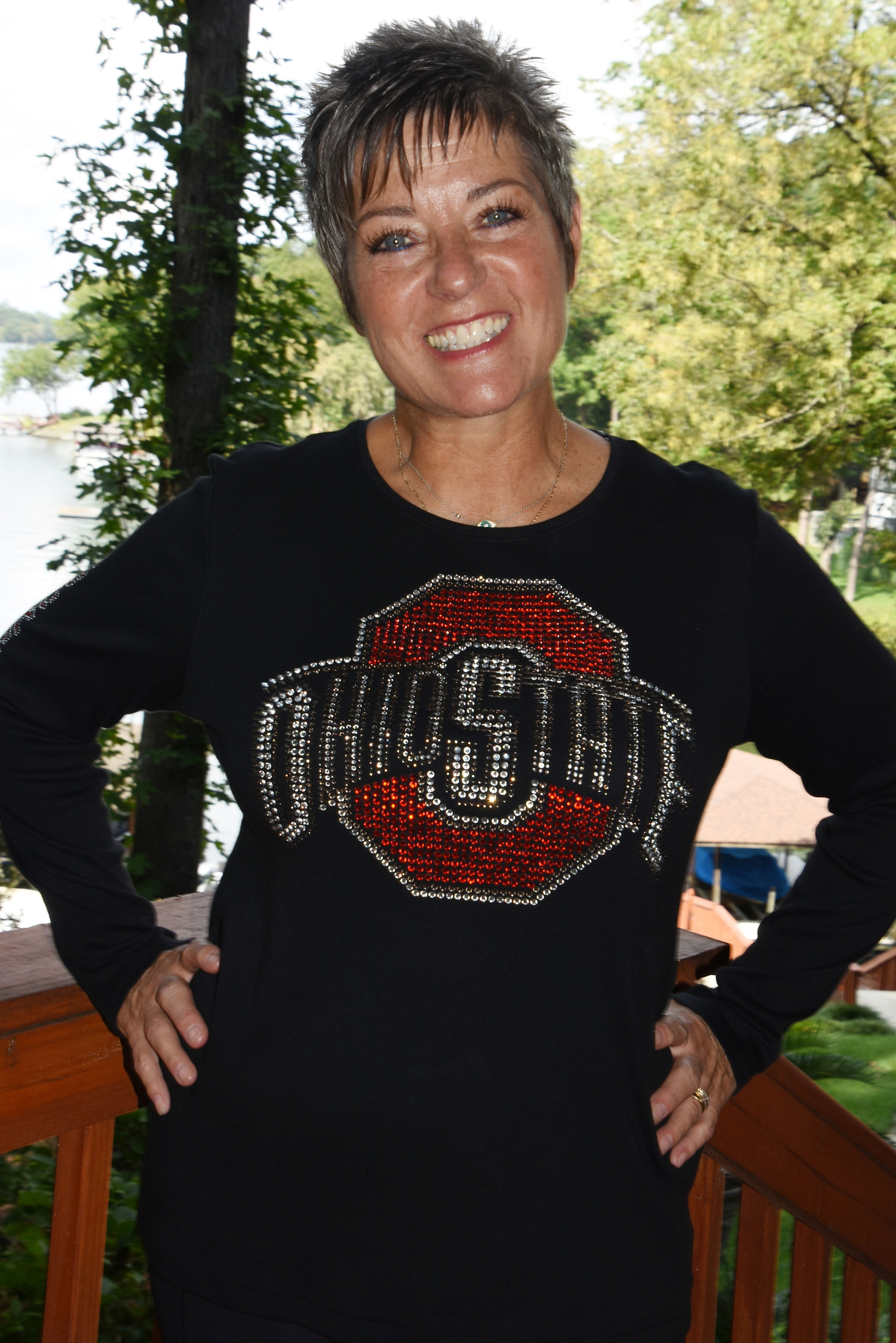 Ohio State Rhinestone Bling long sleeved shirt with Buckeyes on sleeve