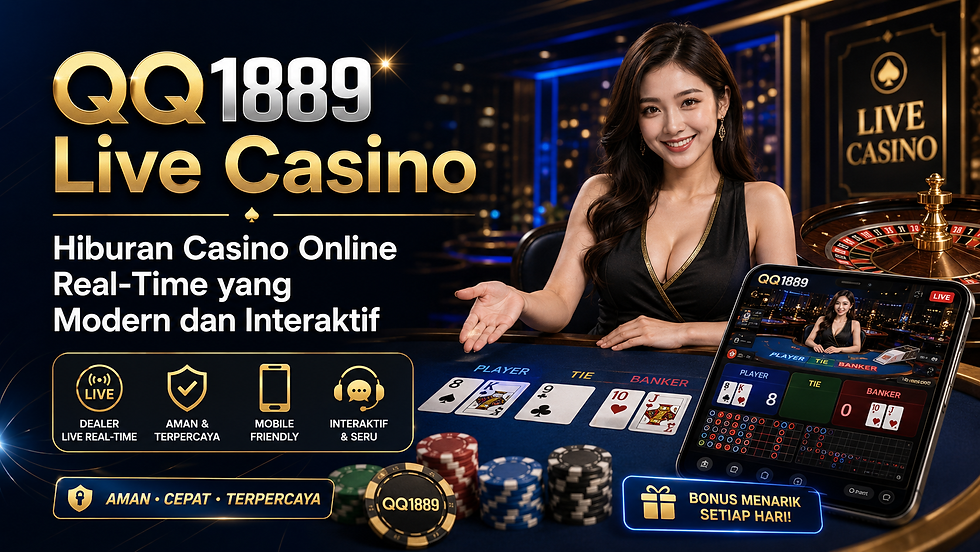Gambar QQ1889 Live Casino dengan dealer real-time, meja casino, kartu, chip, roulette, dan tampilan mobile modern