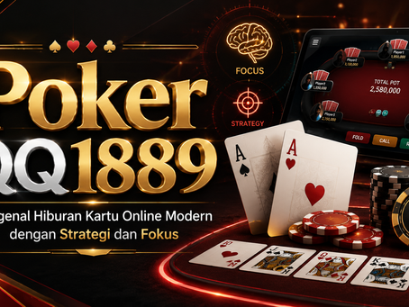Gambar Poker QQ1889 dengan meja kartu digital, chip poker, kartu remi, tampilan meja virtual, dan konsep strategi serta fokus