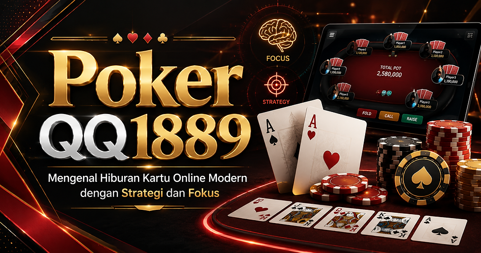 Gambar Poker QQ1889 dengan meja kartu digital, chip poker, kartu remi, tampilan meja virtual, dan konsep strategi serta fokus