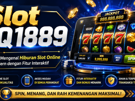 Gambar Slot QQ1889 dengan mesin slot digital modern, smartphone, simbol permainan, koin emas, chip, dan fitur interaktif