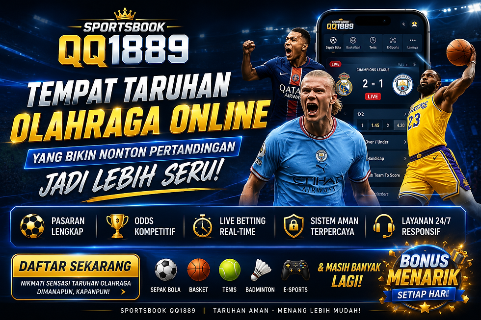 Poster QQ1889 taruhan olahraga online menghadirkan suasana pertandingan sepak bola live, sistem betting modern, pasaran olahraga populer, dan platform sportsbook online aman dengan tampilan profesional dan dinamis.