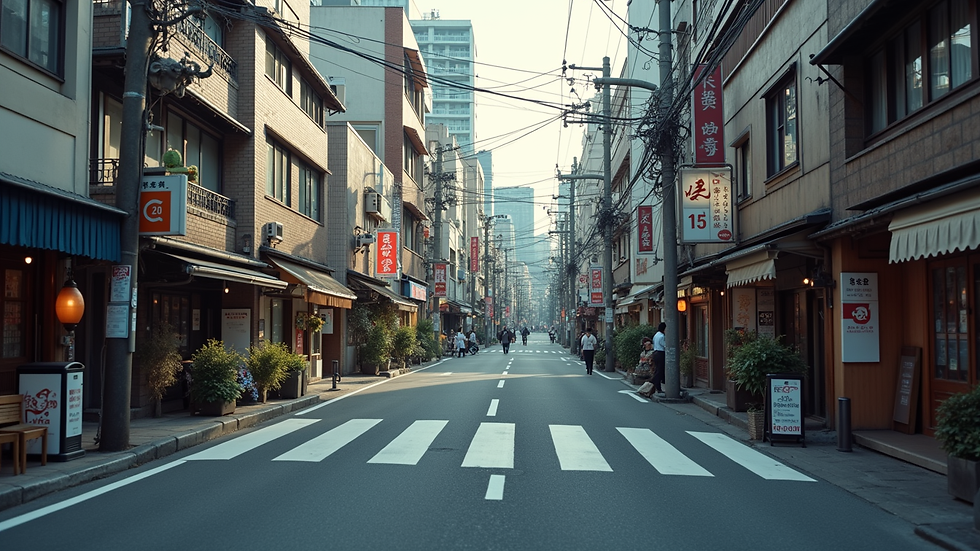 Eye-level view of a bustling Tokyo street with traditional and modern architecture
