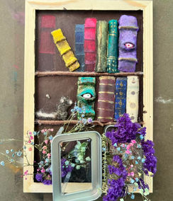Wooden shadow box with miniature books, dried flowers, and small frame.