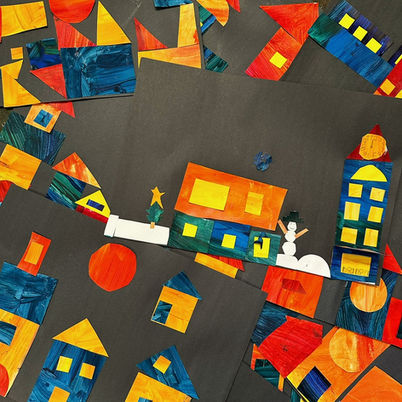 Abstract cityscape collage made from bright geometric paper shapes on dark background.