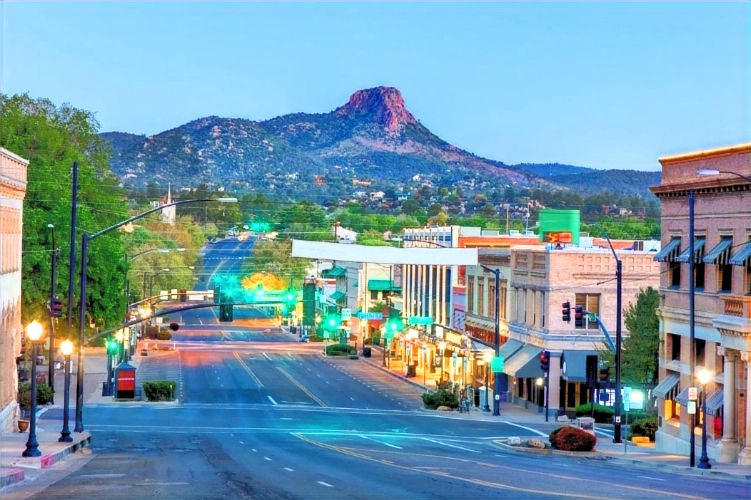 Historic downtown Prescott Arizona courthouse square and shops