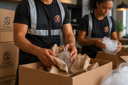 X Man Secure Movers team carefully packing fragile glass items and delicate household belongings into moving boxes during a professional packing service in Phoenix, Arizona.