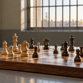AI-generated illustration of wooden chess pieces on an institutional table with a barred window behind them; not an event photograph.