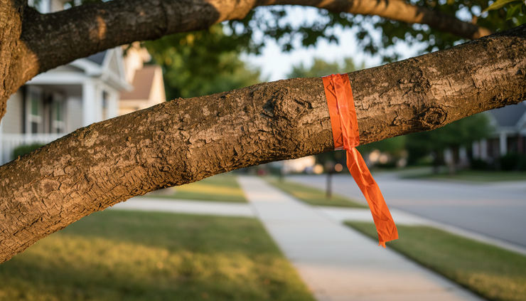 Close-up view of a marked tree limb overhanging a neighborhood sidewalk