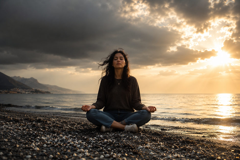 Frau sitzt meditierend an einem ruhigen Strand, während dunkle Wolken und warmes Sonnenlicht gleichzeitig den Himmel prägen. Die Szene vermittelt innere Ruhe, Akzeptanz und Gelassenheit trotz äußerer Herausforderungen.