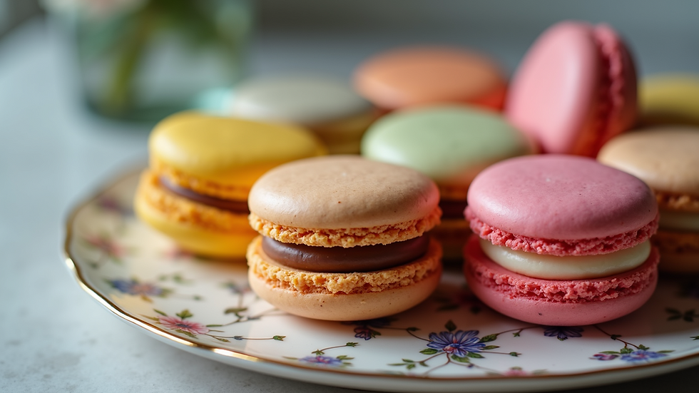 Close-up view of a colorful assortment of macarons on a decorative plate