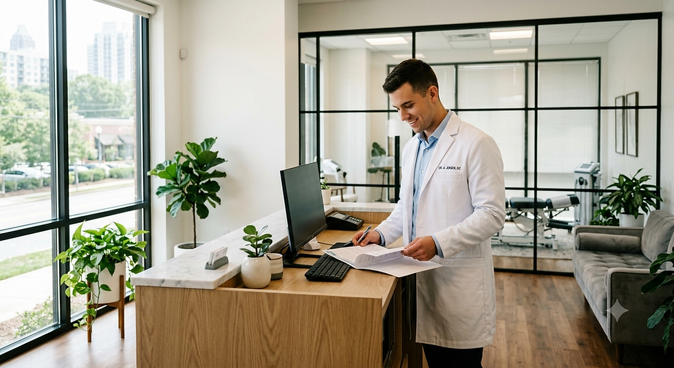 Life University chiropractic graduate reviewing practice acquisition documents at Atlanta clinic