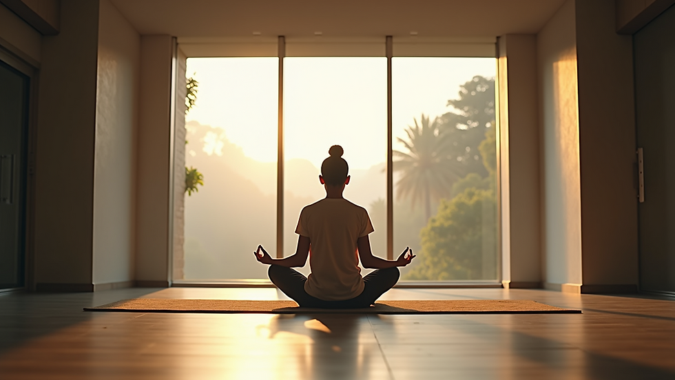 Eye-level view of a person meditating in a serene environment
