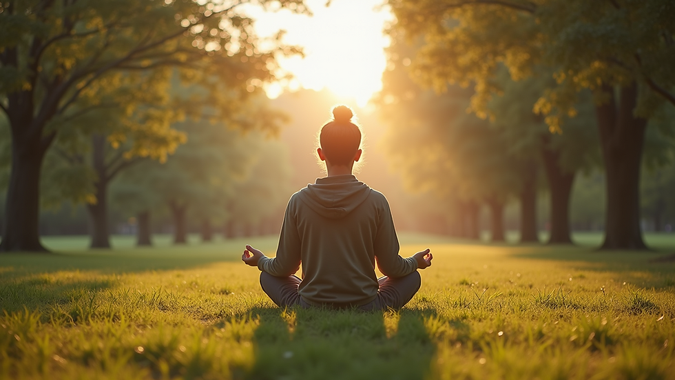 Eye-level view of a person meditating in a serene outdoor setting