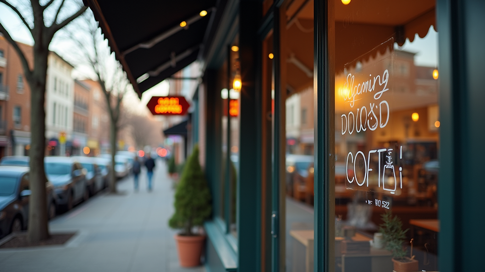 Eye-level view of a local coffee shop storefront with a welcoming sign