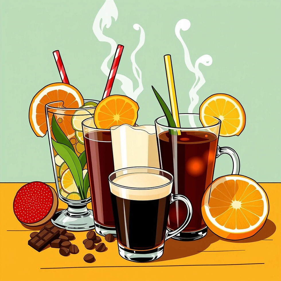 cold and hot drinks like coffee, teas, chocolate, milk, fruit juice, aloe vera etcetera.jp