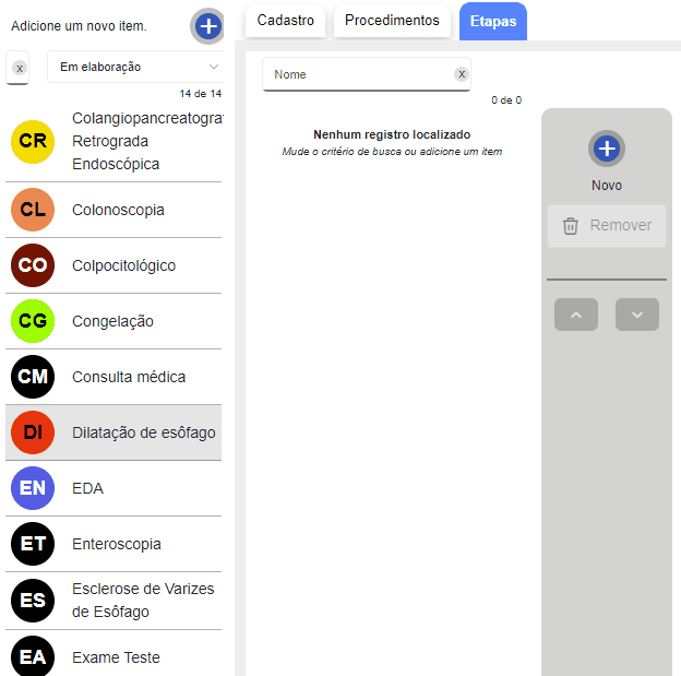 Configuração das etapas do laudo