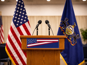 James Moore announces campaign for Governor of Pennsylvania, podium with American and Pennsylvania flags