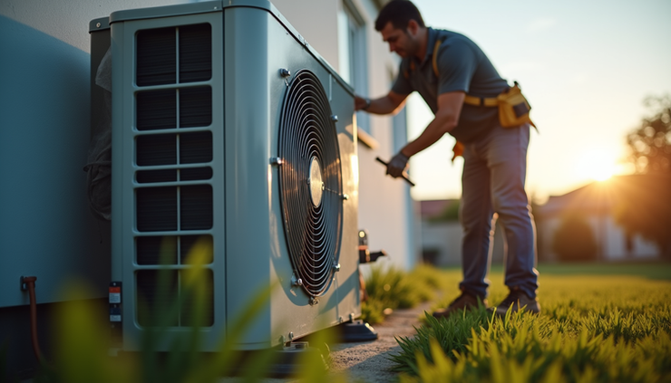 Eye-level view unit outdoor AC yang sedang dibersihkan