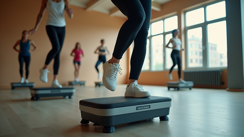 High angle view of a step workout class performing basic aerobic steps