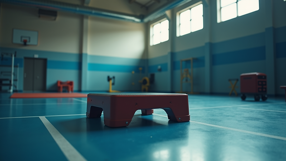 Eye-level view of a single aerobic step platform in a gym