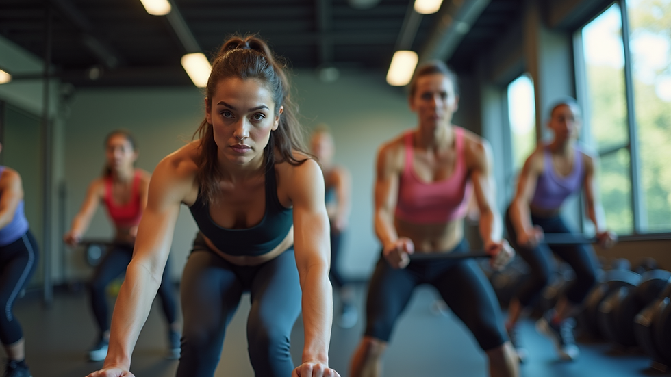 Eye-level view of a dynamic workout session in a fitness class