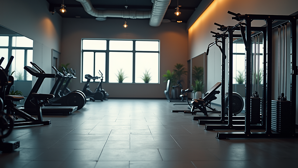 Wide angle view of a fitness studio with workout equipment