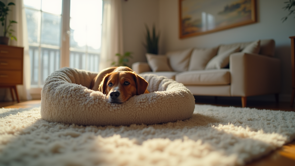 Eye-level view of a cozy dog bed in a living room setting
