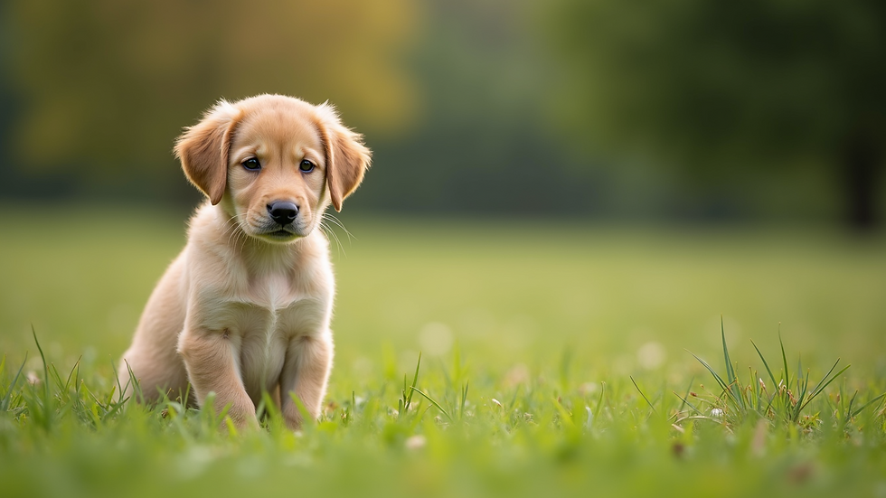 Close-up view of a puppy sitting on a grassy field