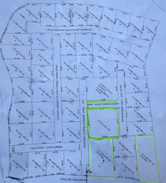 Plat map showing land for sale in Valle de Guadalupe