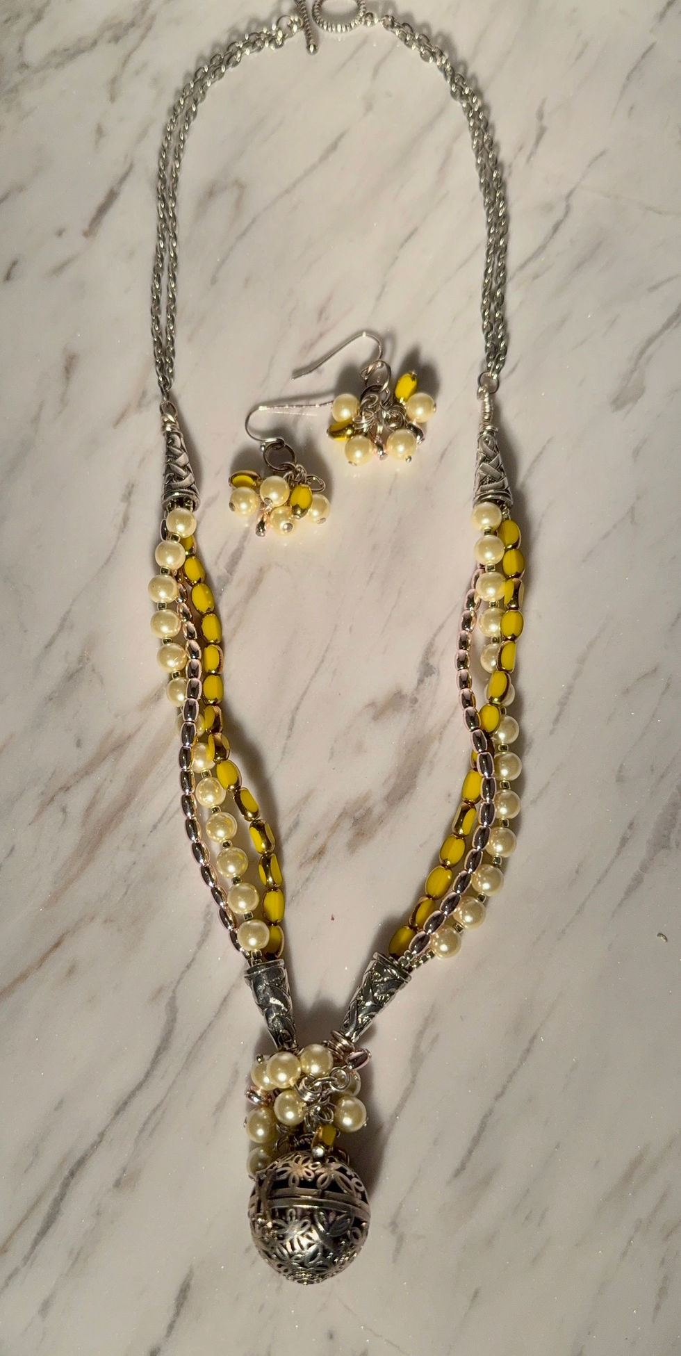 Thumbnail: Multi strand Necklace with Pearls & Crystals Featuring-Ball Pendant