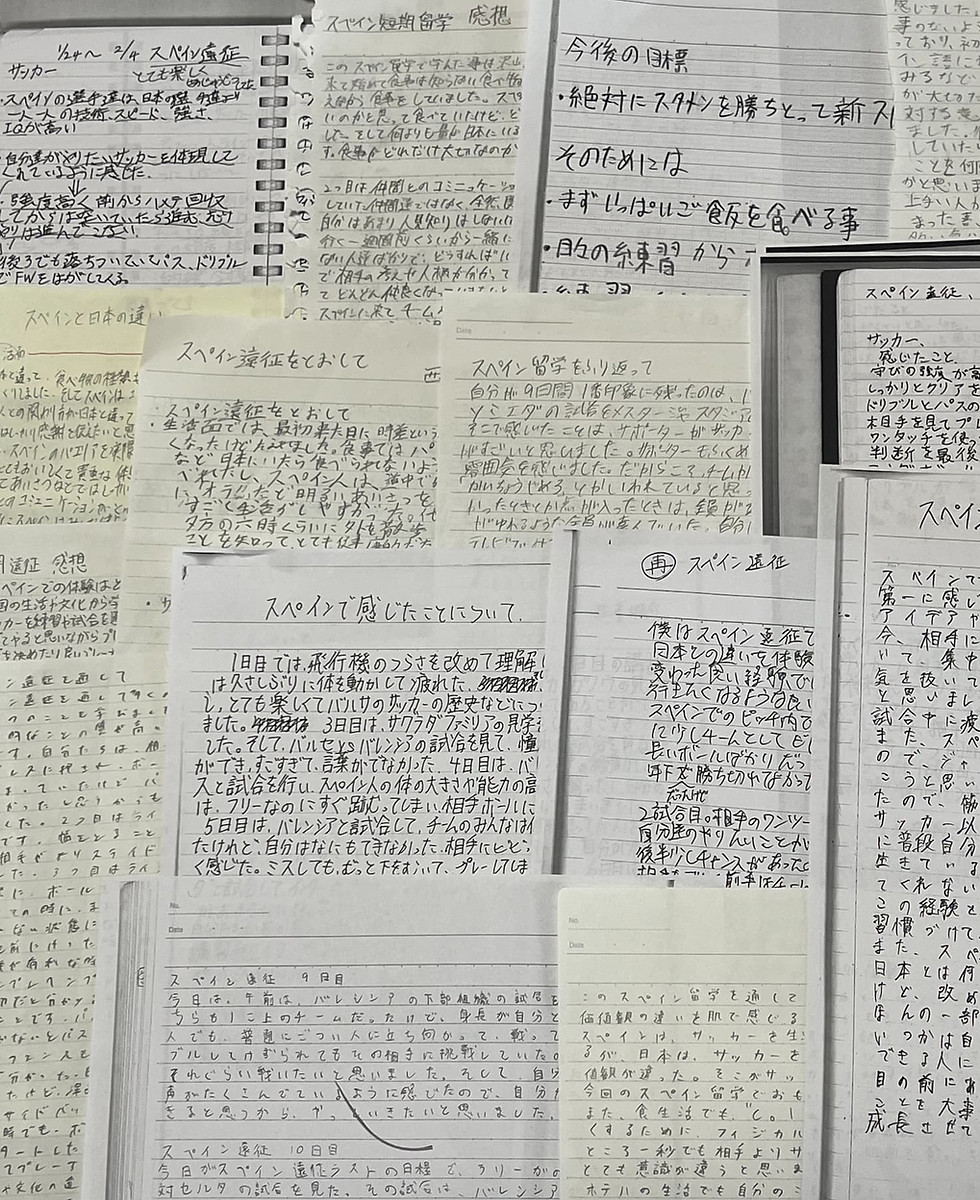 スペイン遠征後に参加選手が書いた振り返りの手書きノート