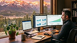 Can you create a man sitting at his desk with a walnut tone and have the mountains outside