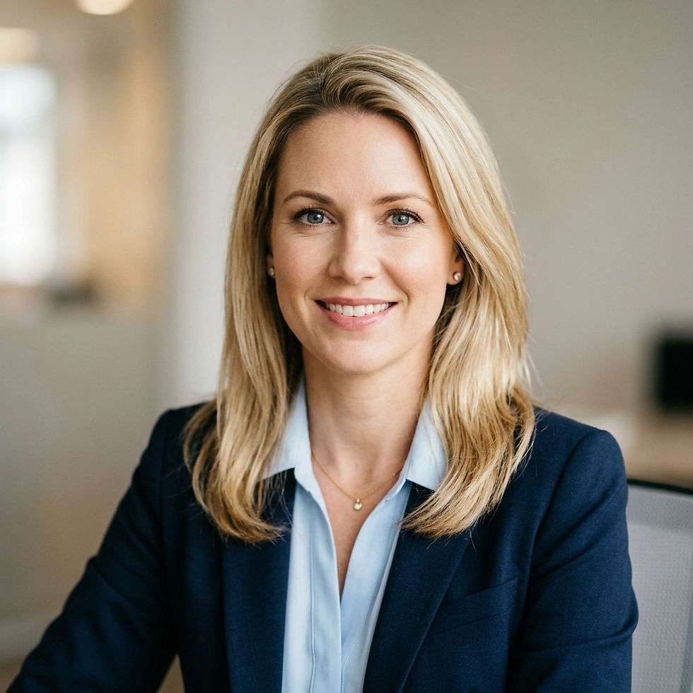 Create a blonde woman in professional business attire being interviewed for a job position