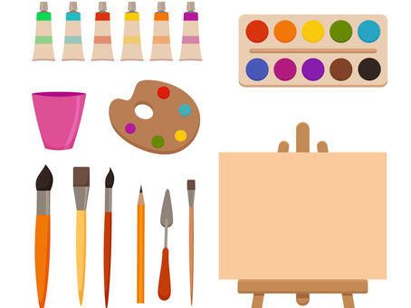 Art supplies set with paint tubes, brushes, palette, and canvas