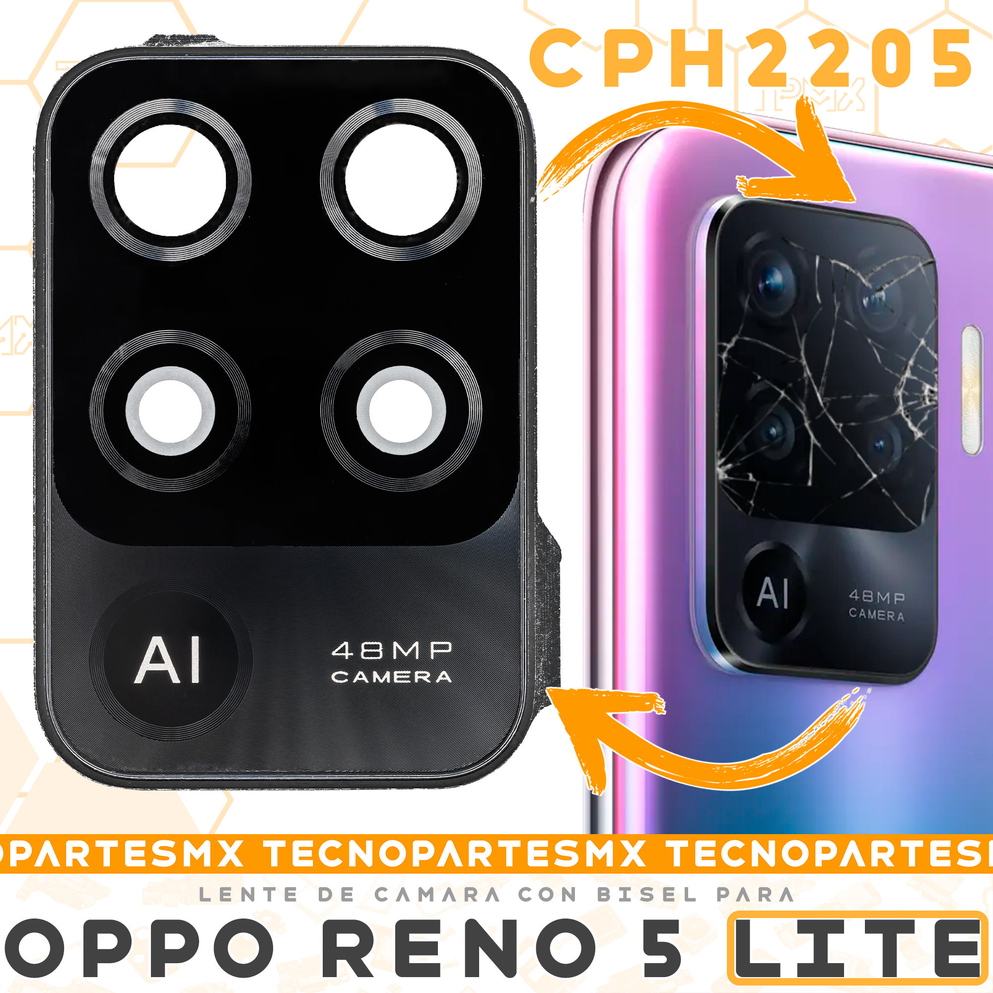 Lente Cristal Refacción De Cámara Para Oppo Reno 5 Lite Con Bisel