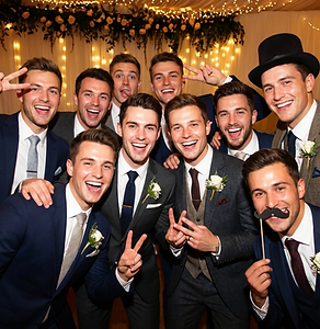 Young men posing for a camera with big smiles 