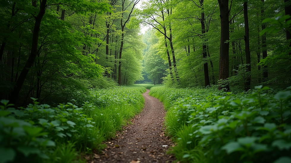 Wide angle view of a winding trail through lush green forest