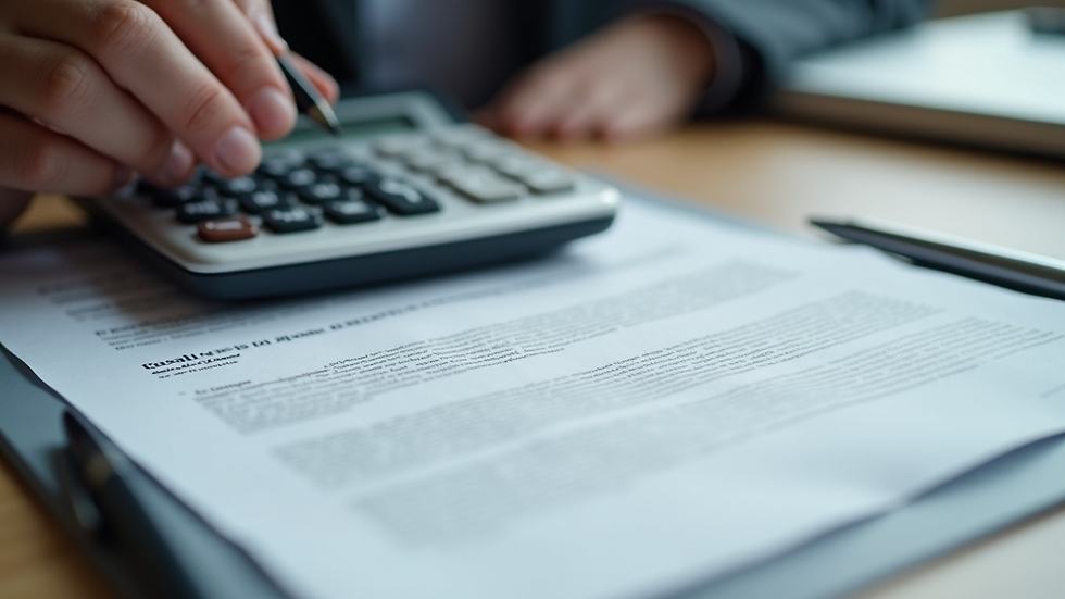 Close-up view of a contract and calculator on a desk