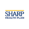 Sharp Health Plan logo in blue with yellow line, on black background.