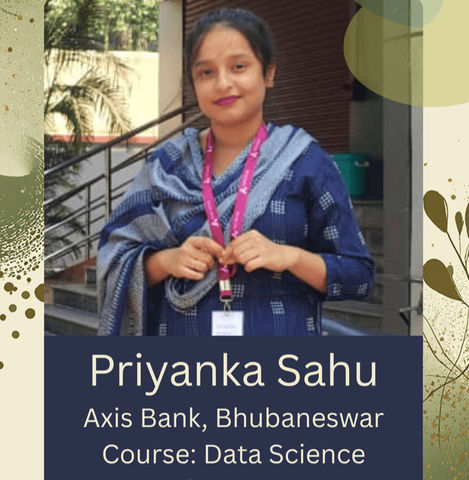 Priyanka Sahu standing outdoors wearing a blue outfit and ID card, placed at Axis Bank Bhubaneswar as a Data Science professional with a 4 LPA salary.