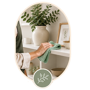 The UpKeep package icon with someone dusting a fireplace mantel