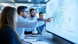 People discussing and pointing at a digital display with technical diagrams in a modern office. Focused mood, blue and white tones dominate.